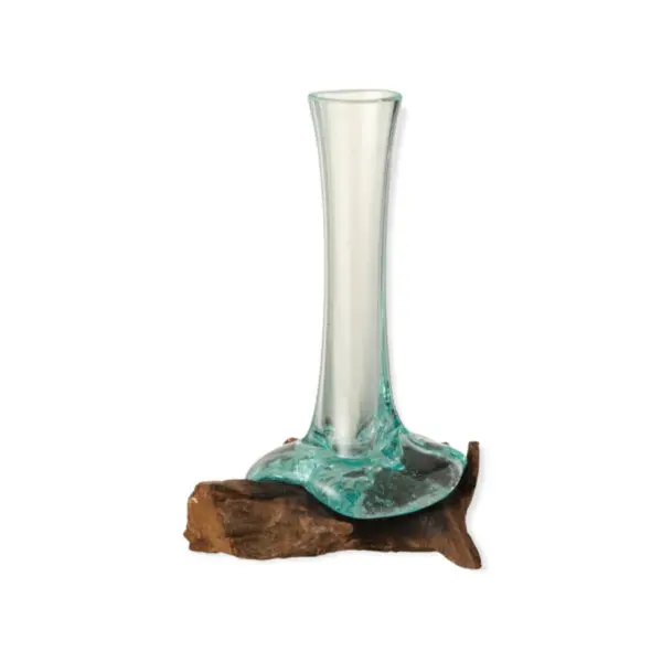 Vase haut sur pied Gamal - Bois/verre recyclé - Naturel/transparent - S