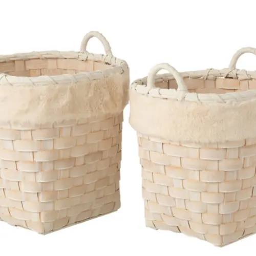 Panier rangement SET DE 2 PANIER ROND + ANSES IMITATION FOURRURE AMOVIBLE ROTIN PLAT NATUREL WHITE WASH