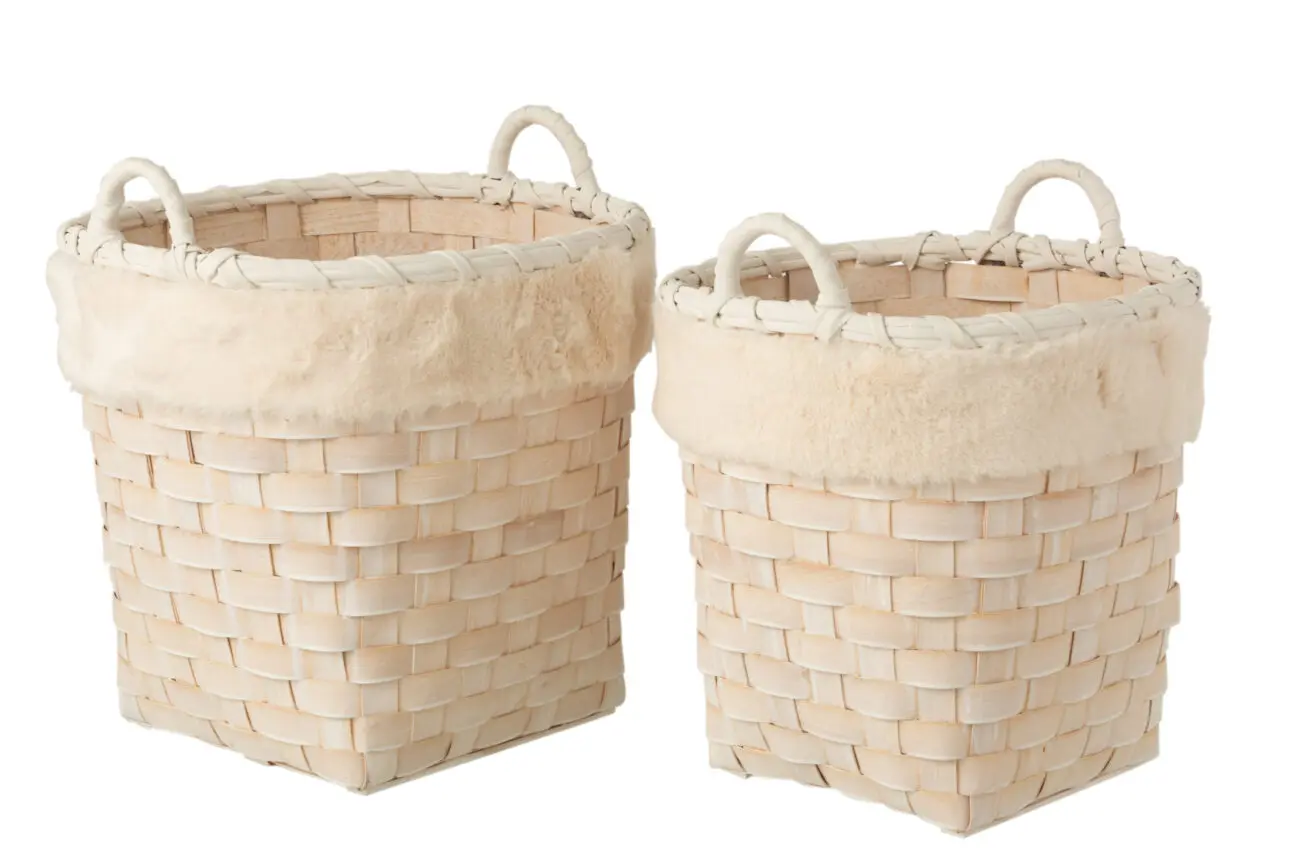 SET DE 2 PANIER ROND + ANSES IMITATION FOURRURE AMOVIBLE ROTIN PLAT NATUREL WHITE WASH