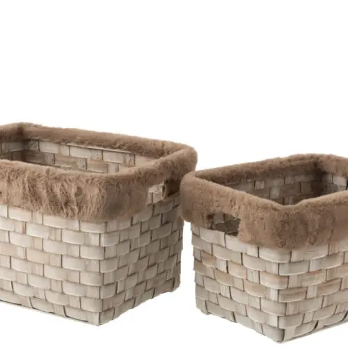 Panier rangement SET DE 2 PANIER RECTANGULAIRE + IMITATION FOURRURE ROTIN PLAT MARRON