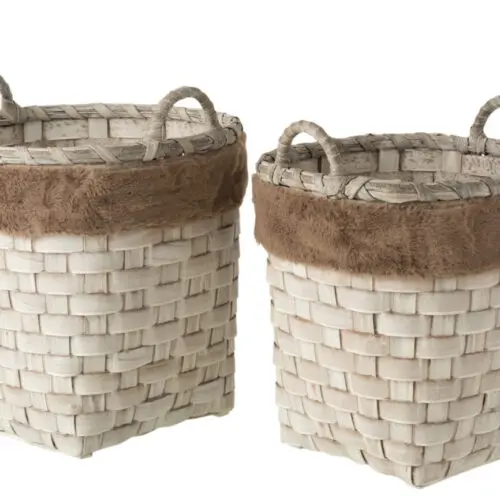 Panier rangement SET DE 2 PANIER ROND + ANSES IMITATION FOURRURE AMOVIBLE ROTIN PLAT MARRON