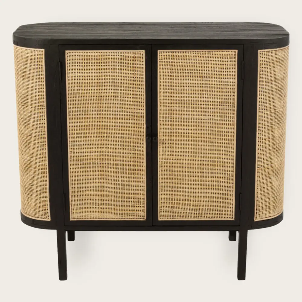 Buffet 2 portes en bois exotique et rotin noir Molly L100