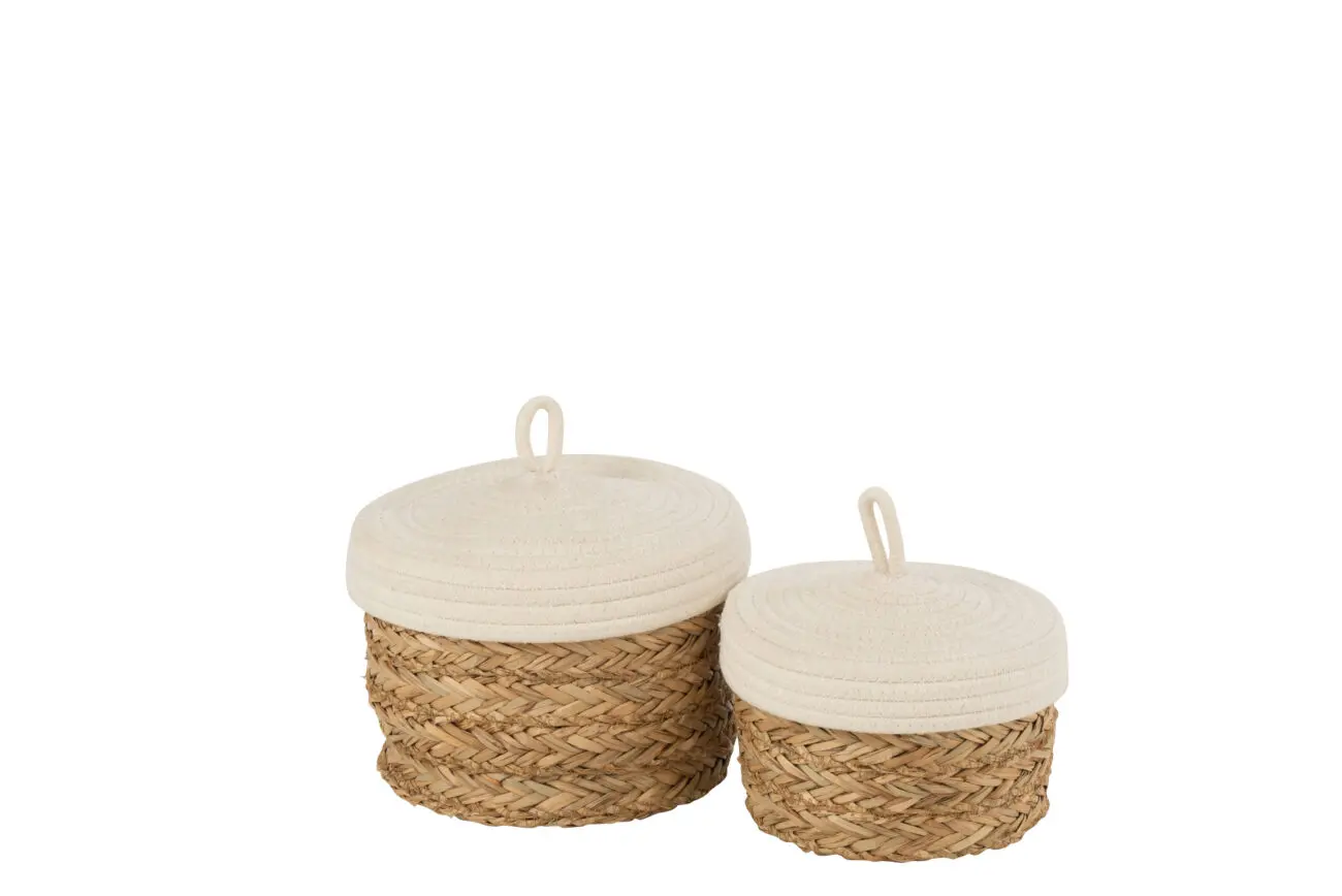 SET DE 2 PANIERS RONDS AVEC COUVERCLE HERBE/COTON NATUREL/BLANC