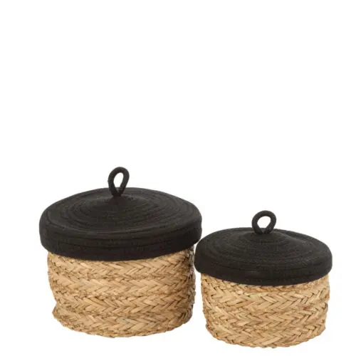 Panier rangement SET DE 2 PANIERS RONDS AVEC COUVERCLE HERBE/COTON NATUREL/ROSE