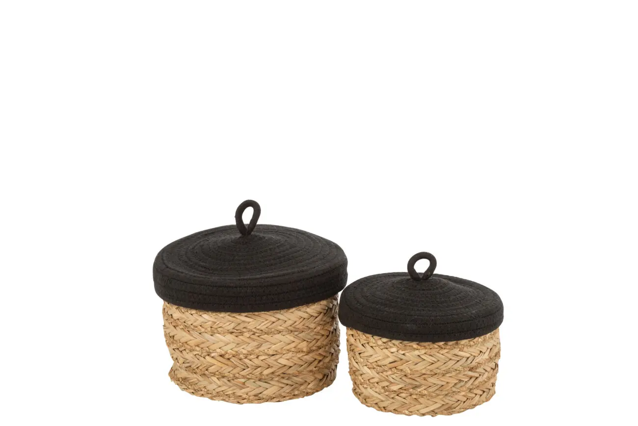 SET DE 2 PANIERS RONDS AVEC COUVERCLE HERBE/COTON NATUREL/ROSE