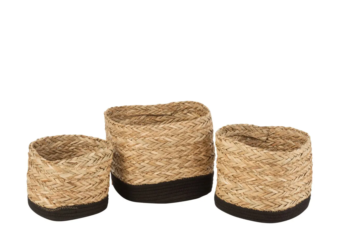 SET DE 3 PANIERS CARRÉS HERBE/COTON NATUREL/NOIR