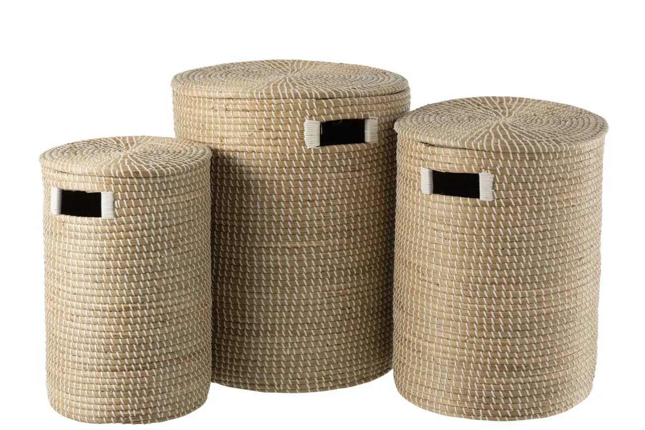 SET DE 3 PANIERS + COUVERCLE ZOSTERE NATUREL/BLANC