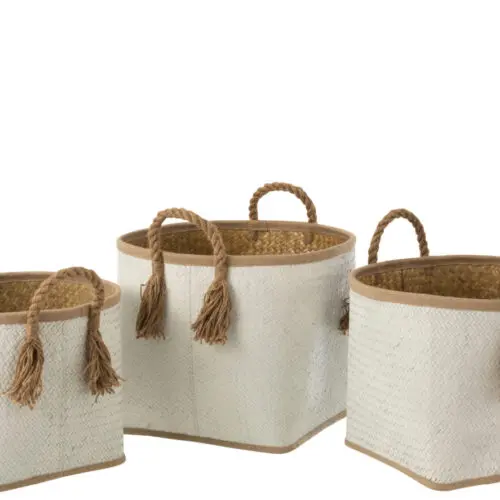Panier rangement SET DE 3 PANIERS FEUILLE DE PARLME NATUREL/BLANC