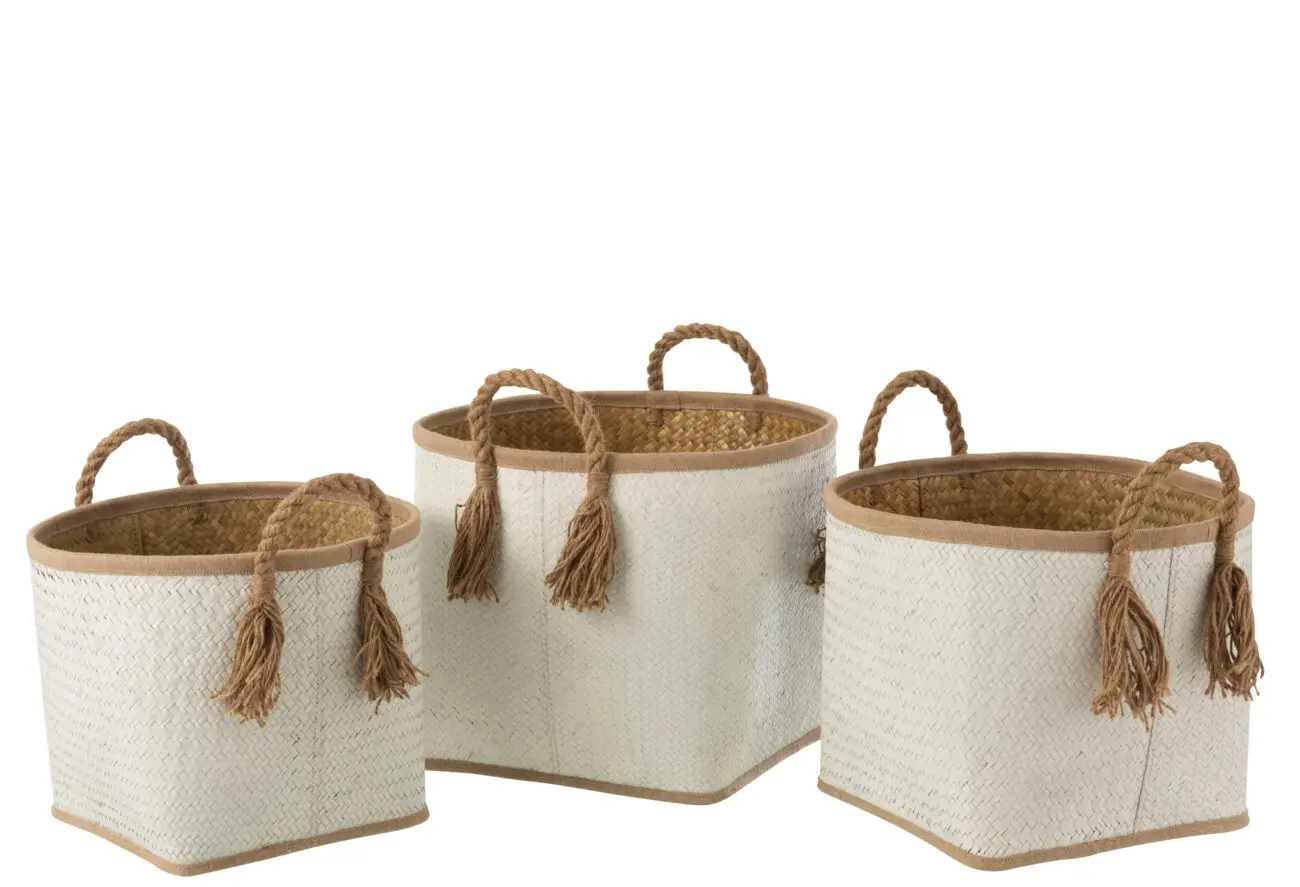 SET DE 3 PANIERS FEUILLE DE PARLME NATUREL/BLANC
