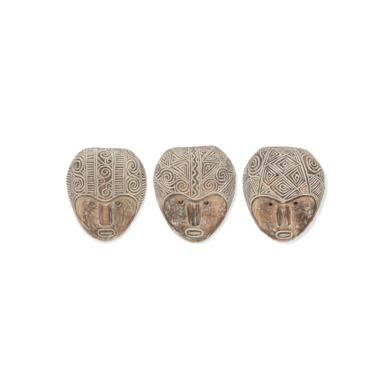 DECORATION MURALE MASQUES PRIMITIFS ALABASIA EN BOIS MARRON/BLANC ASSORTIMENT DE 3