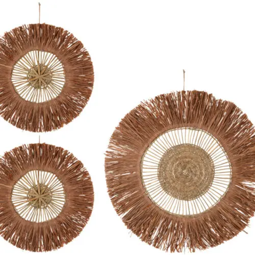 SET DE 3 DECORATION MURALE RONDE ROTIN RAPHIA MARRON