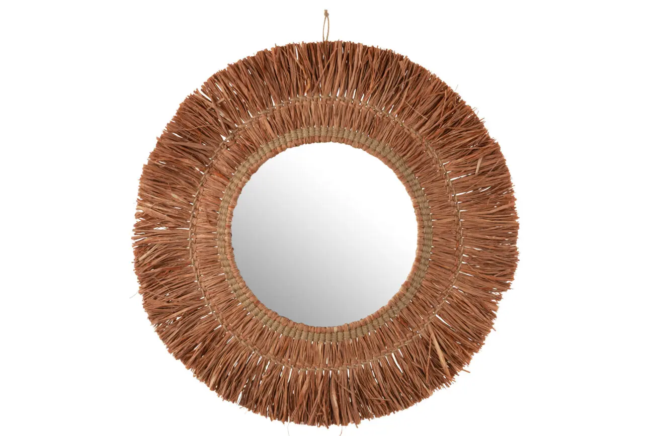 MIROIR SUSPENDU ROND ROTIN RAPHIA MARRON