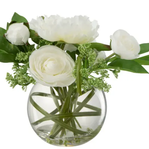 RENONCULE PIVOINE EN VASE BOULE PLASTIQUE VERRE BLANC