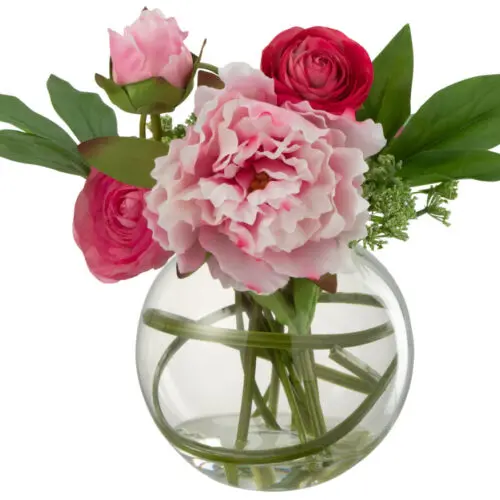 RENONCULE PIVOINE EN VASE BOULE PLASTIQUE VERRE ROSE