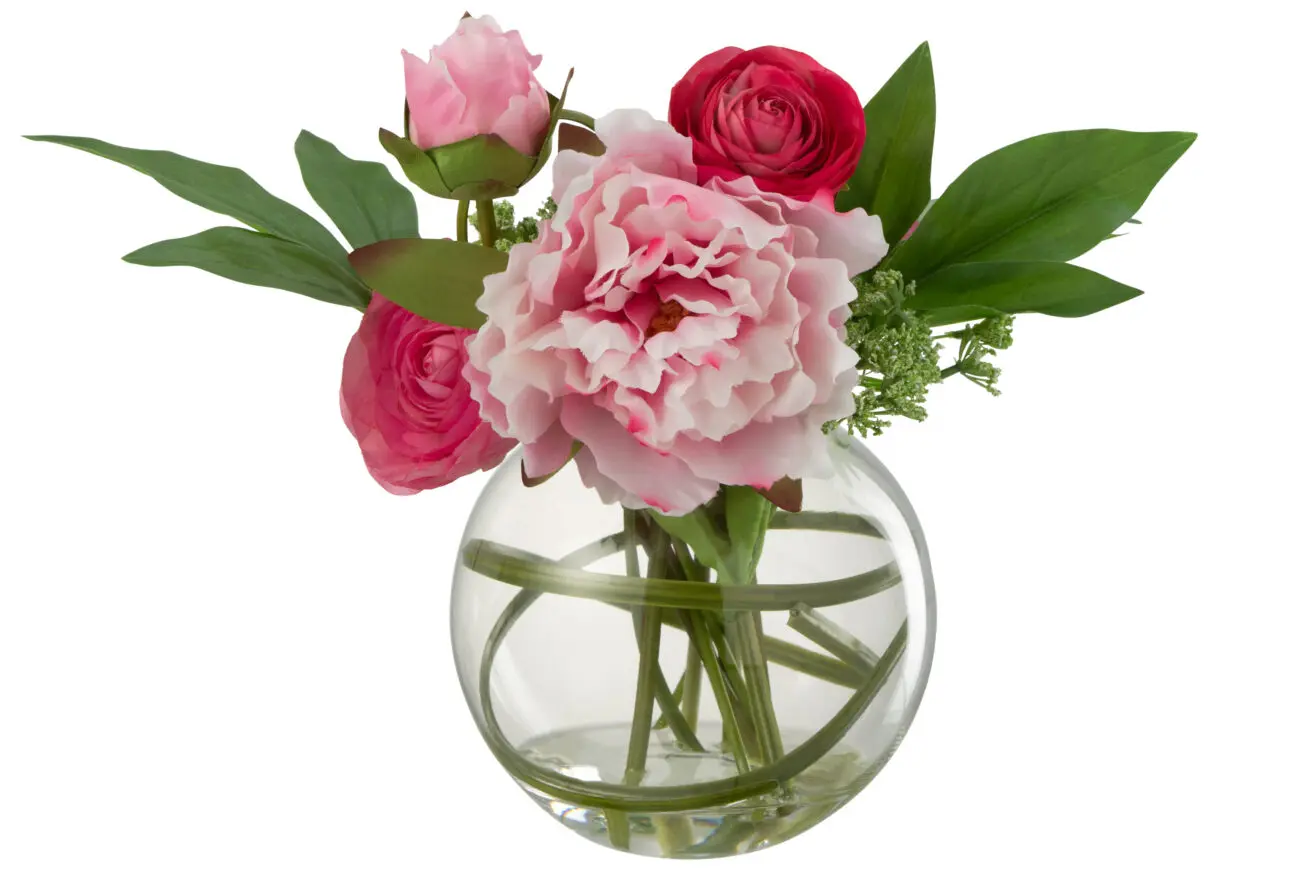 RENONCULE PIVOINE EN VASE BOULE PLASTIQUE VERRE ROSE