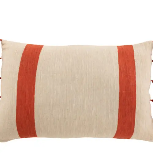 Coussin rayures pompons Bora - Coton - Corail 72x40