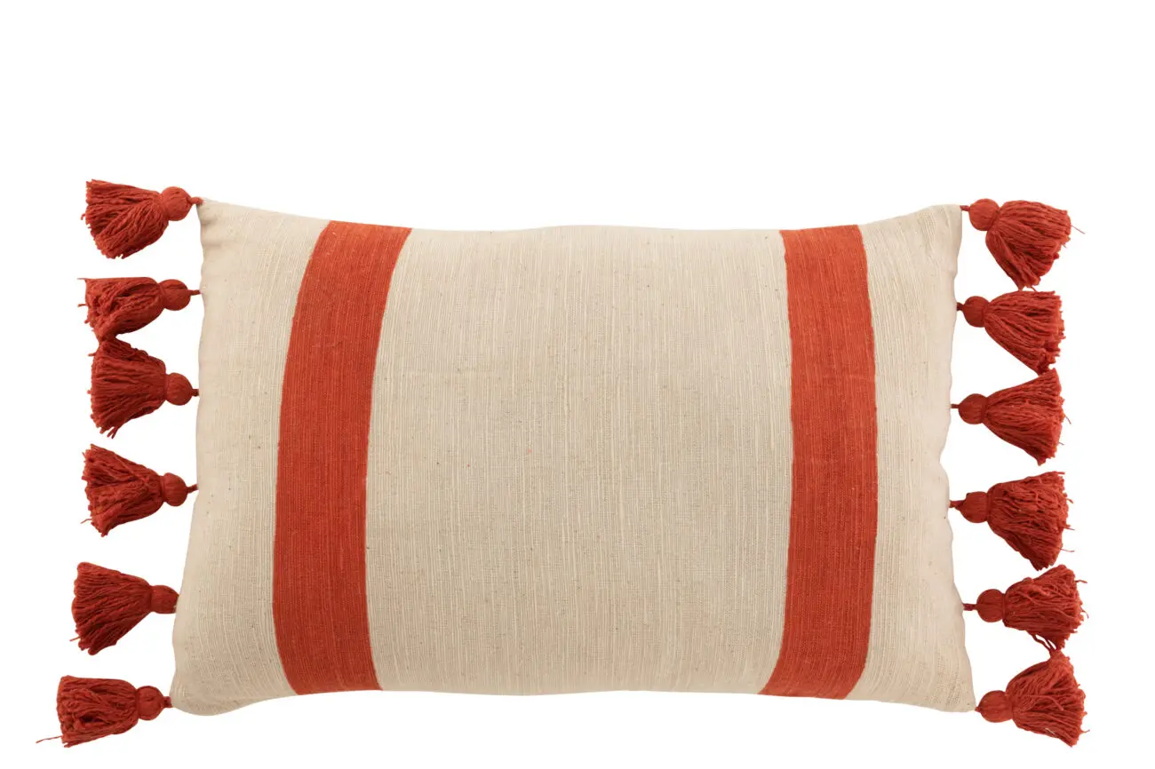Coussin rayures pompons Bora - Coton - Corail 72x40