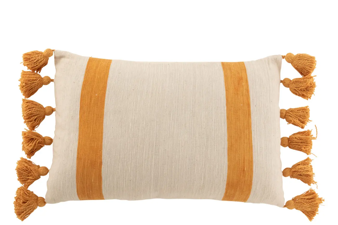 Coussin rayures pompons Bora - Coton - Ocre 72x40