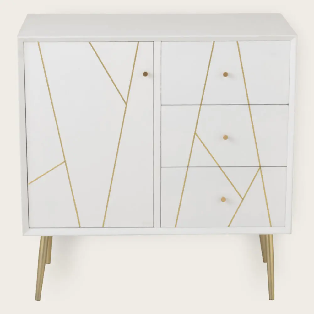 Buffet rayures blanc 3 tiroirs 1 porte Memphis L80