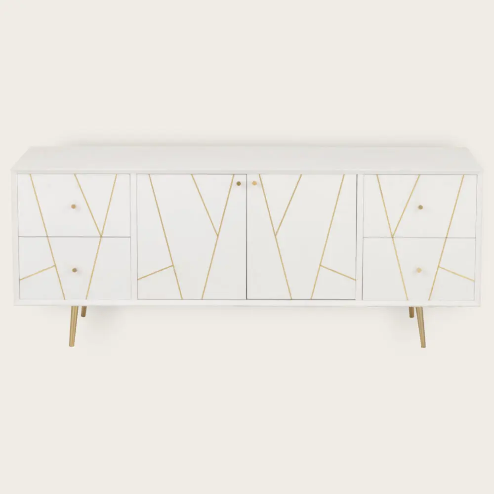 Buffet rayures blanc 4 tiroirs 2 portes Memphis L150