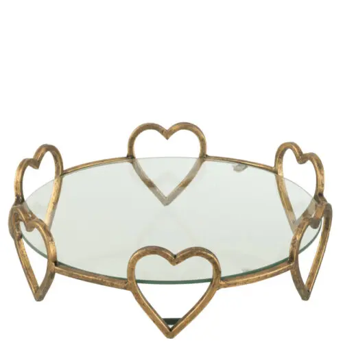PLATEAU 6 COEURS METAL VERRE OR