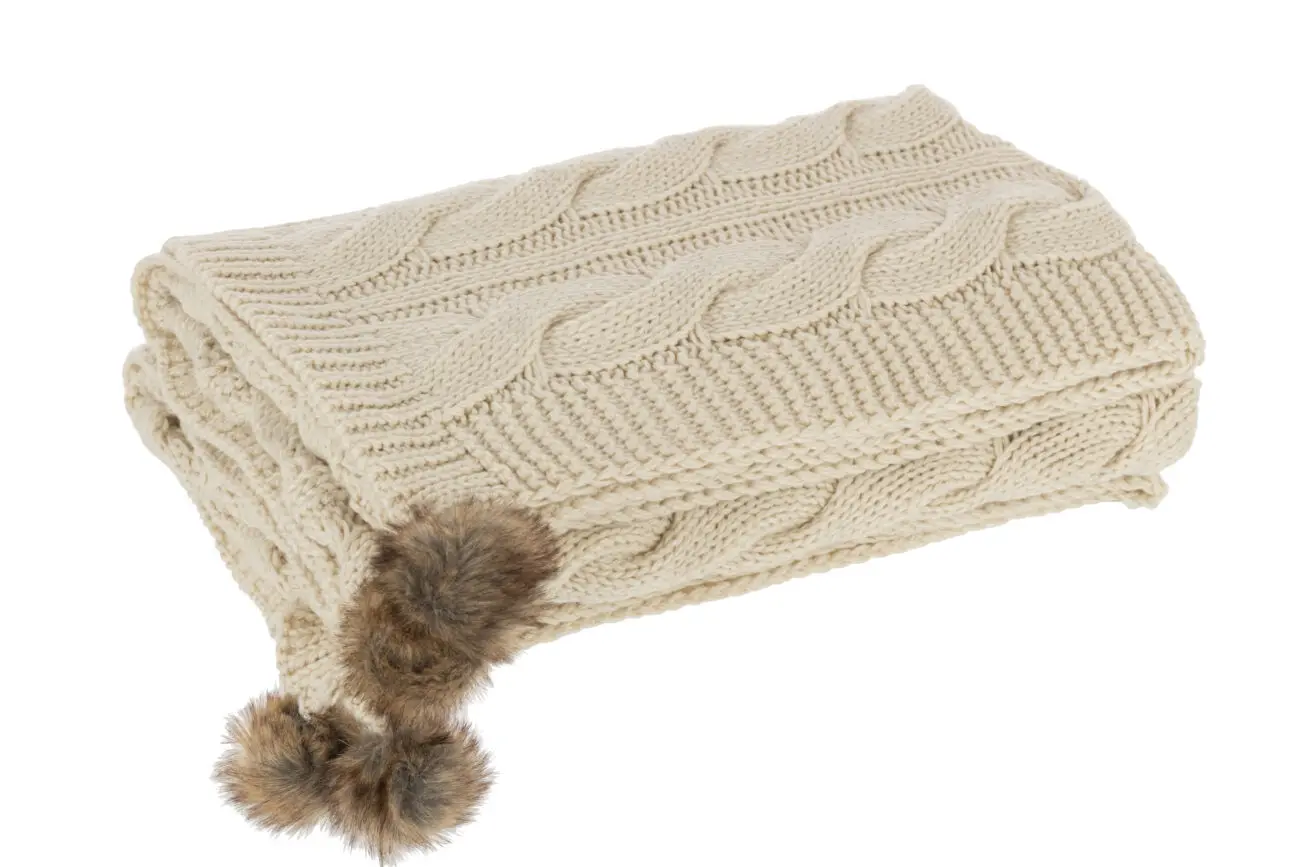 PLAID CROCHET POMPON ACRYL BEIGE