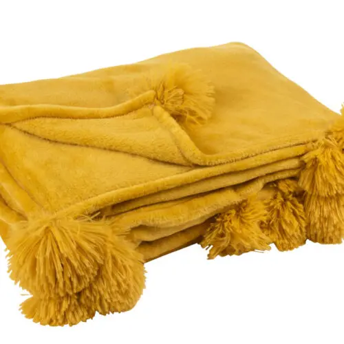 PLAID POMPON POLYESTER OCRE