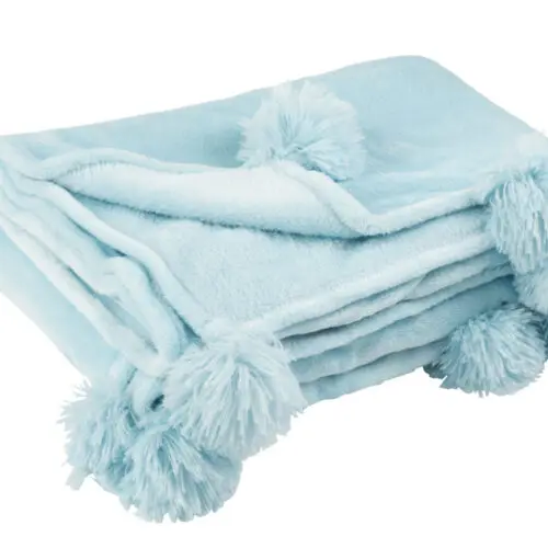 PLAID POMPON POLYESTER BLEU CIEL