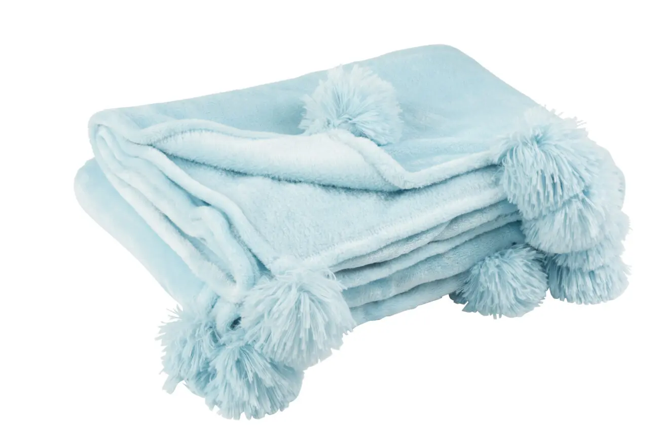 PLAID POMPON POLYESTER BLEU CIEL