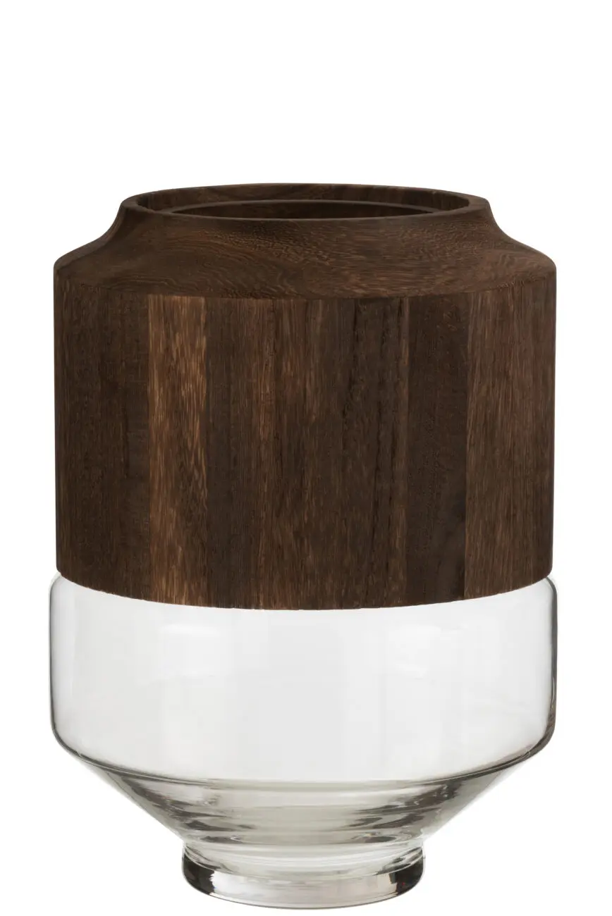VASE ROND HAUT BOIS/VERRE MARRON FONCE LARGE
