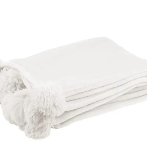 PLAID POMPON POLYESTER BLANC