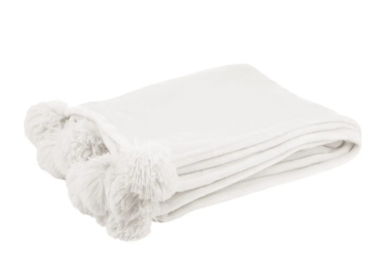 PLAID POMPON POLYESTER BLANC