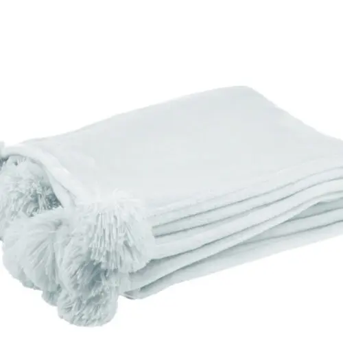 PLAID POMPON POLYESTER BLEU CLAIR