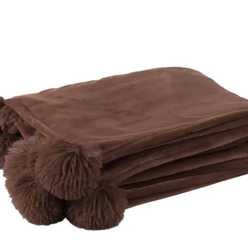 PLAID POMPON POLYESTER MARRON