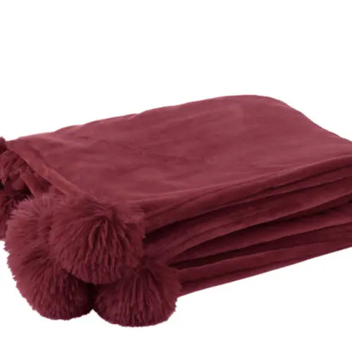 PLAID POMPON POLYESTER BORDEAUX