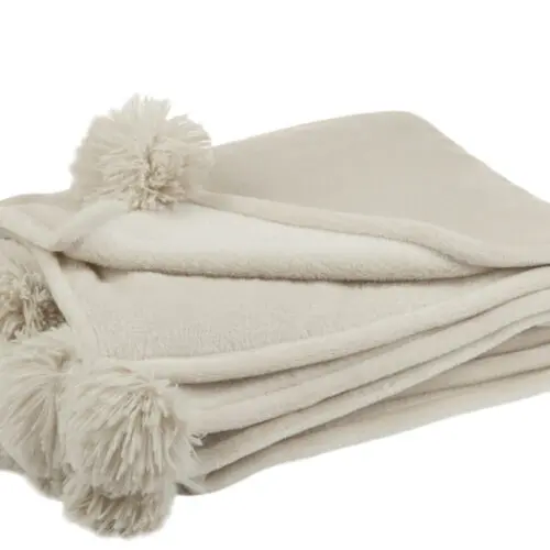 PLAID POMPON POLYESTER BEIGE FONCE