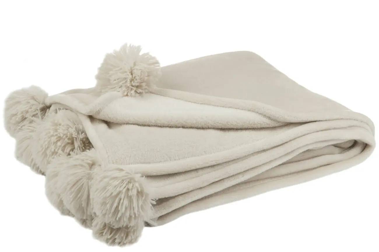 PLAID POMPON POLYESTER BEIGE FONCE