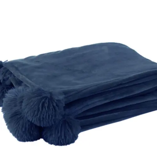 PLAID POMPON POLYESTER BLEU