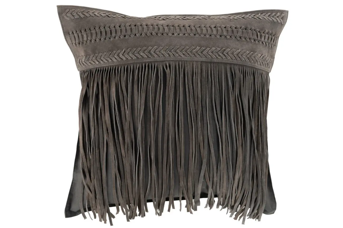 COUSSIN FRANGES CARRE CUIR GRIS