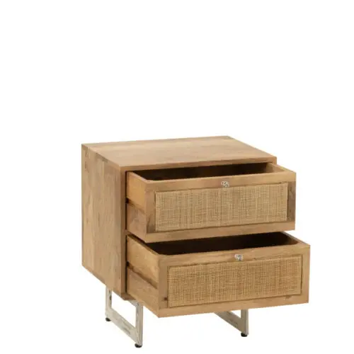 Chevet Weaving bois naturel J-line Jolipa meuble bois massif meuble chambre à coucher bois tiroirs ouverts