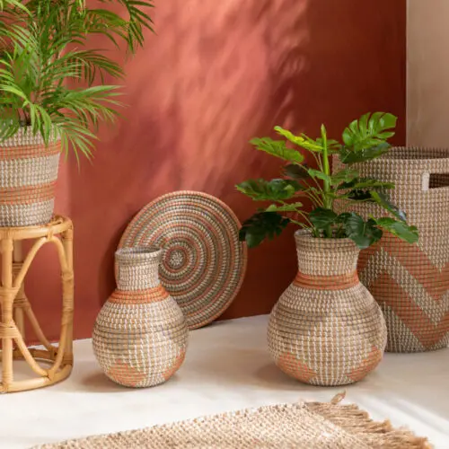 set de 3 paniers en jonc rayés orange J-line Jolipa rangement décoratif