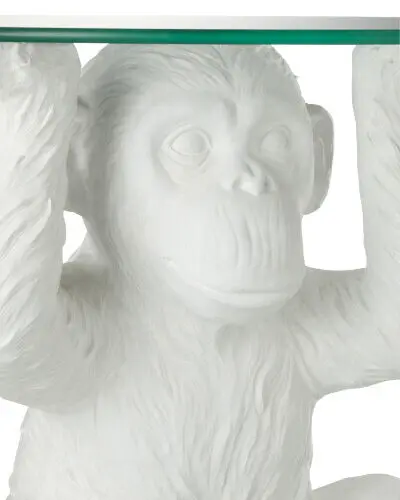 table singe en résine blanc et plateau en verre J-line Jolipa table d'appoint table de salon singe blanc zoom sur la tête du singe