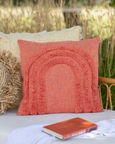 coussin corail motif arc 100% coton J-line Jolipa coussin corail coussin coton corail coussin carré corail