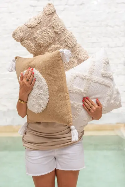 Coolia coussin rectangulaire cercles 100% coton beige J-line Jolipa coussin 100% coton