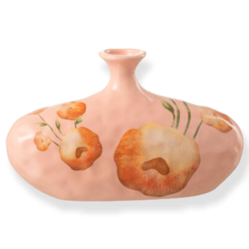 Vase bas en céramique rose avec motifs fleurs oranges J-line Jolipa