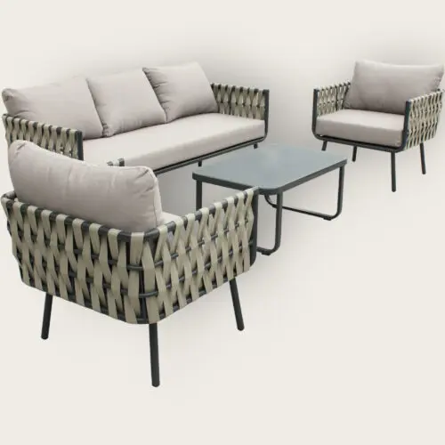 Salon bas de jardin ANTIBES 5 places en aluminium et lanières de tissu tressées - GRIS