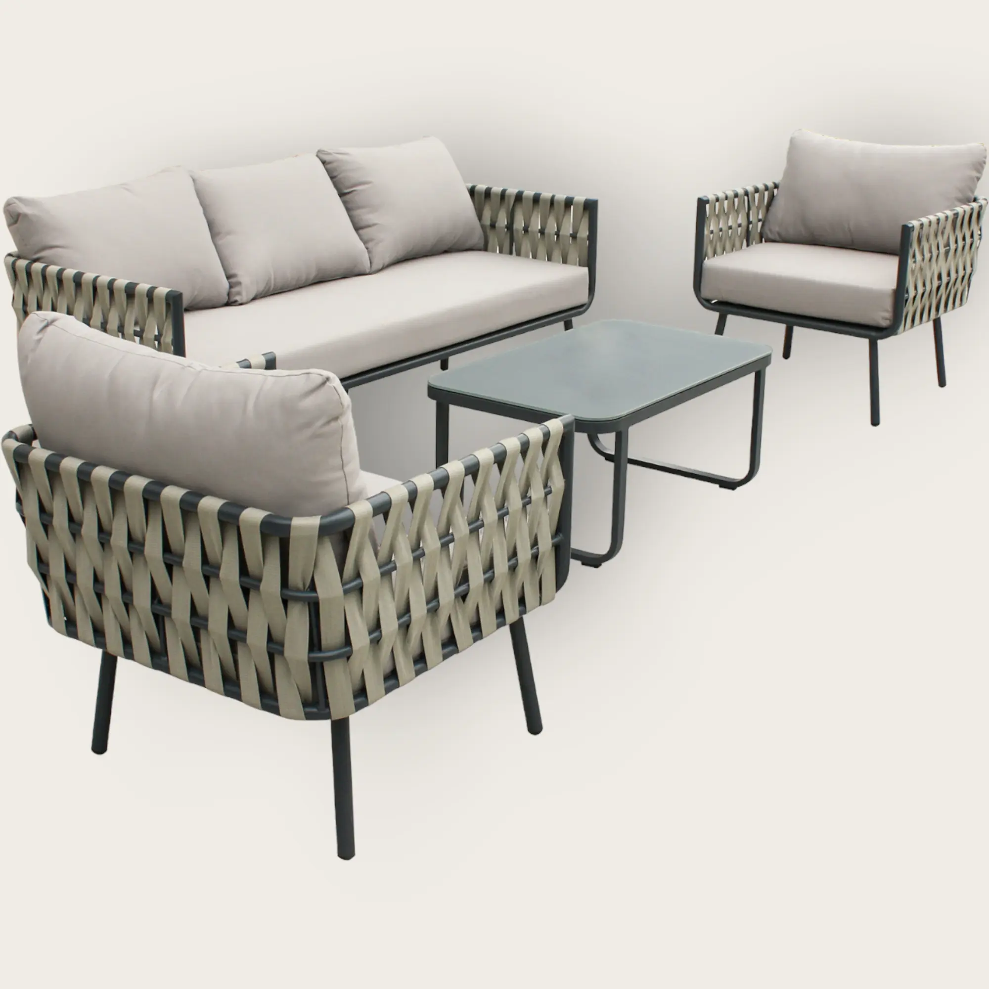 Salon bas de jardin ANTIBES 5 places en aluminium et lanières de tissu tressées - GRIS