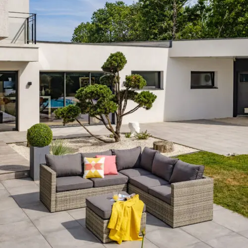 Salon de jardin d'angle salon de jardin d'angle résine tressée gris BONHEUR 5 places