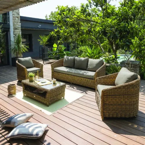 salon bas de jardin résine tressée marron effet rotin HAVANA 5 places