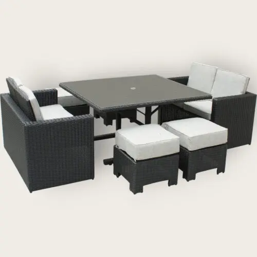 Ensemble repas de jardin OCEANE LUNCH encastrable 8 places en résine tressée et plateau verre - NOIR